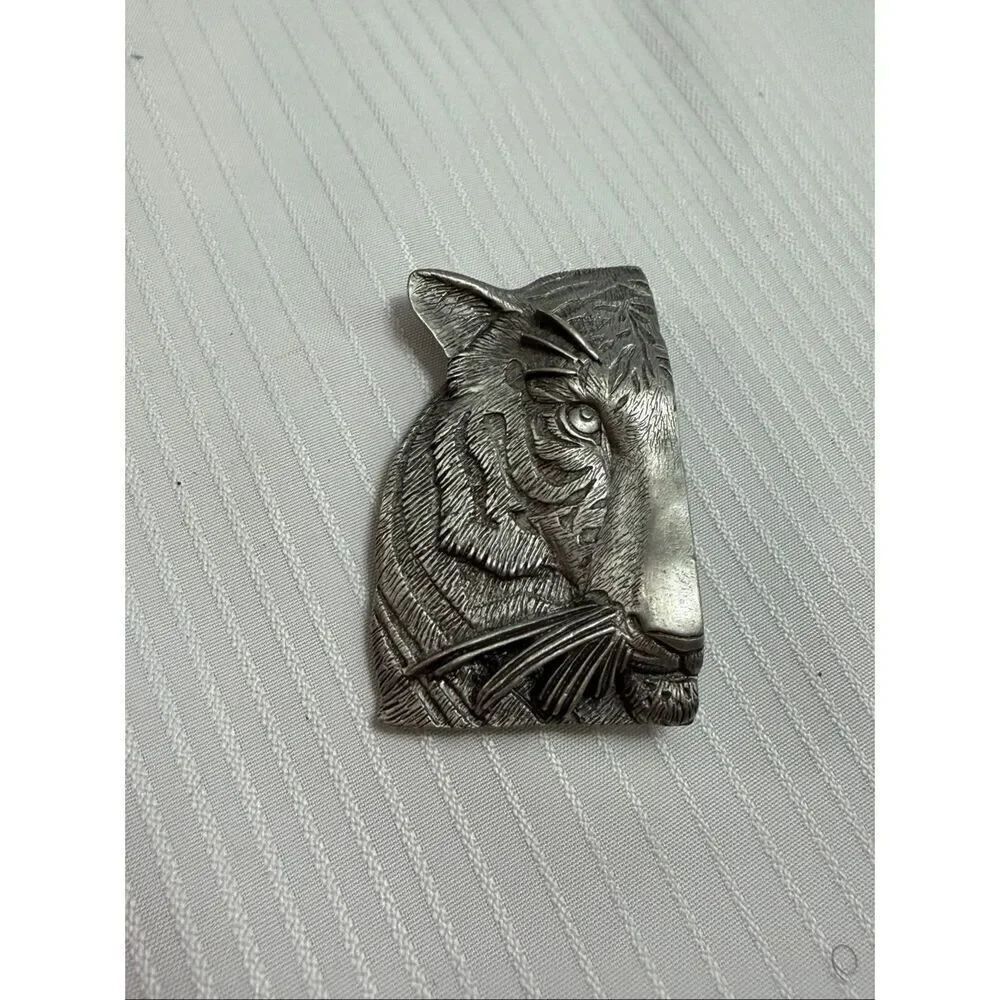 Vintage Pewter JJ Jonette Tiger Brooch Signed